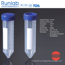 Tubos de centrífuga de fondo cónico de 50 ml aprobados por la FDA y la CE con graduación impresa en un paquete de bastidor de espuma